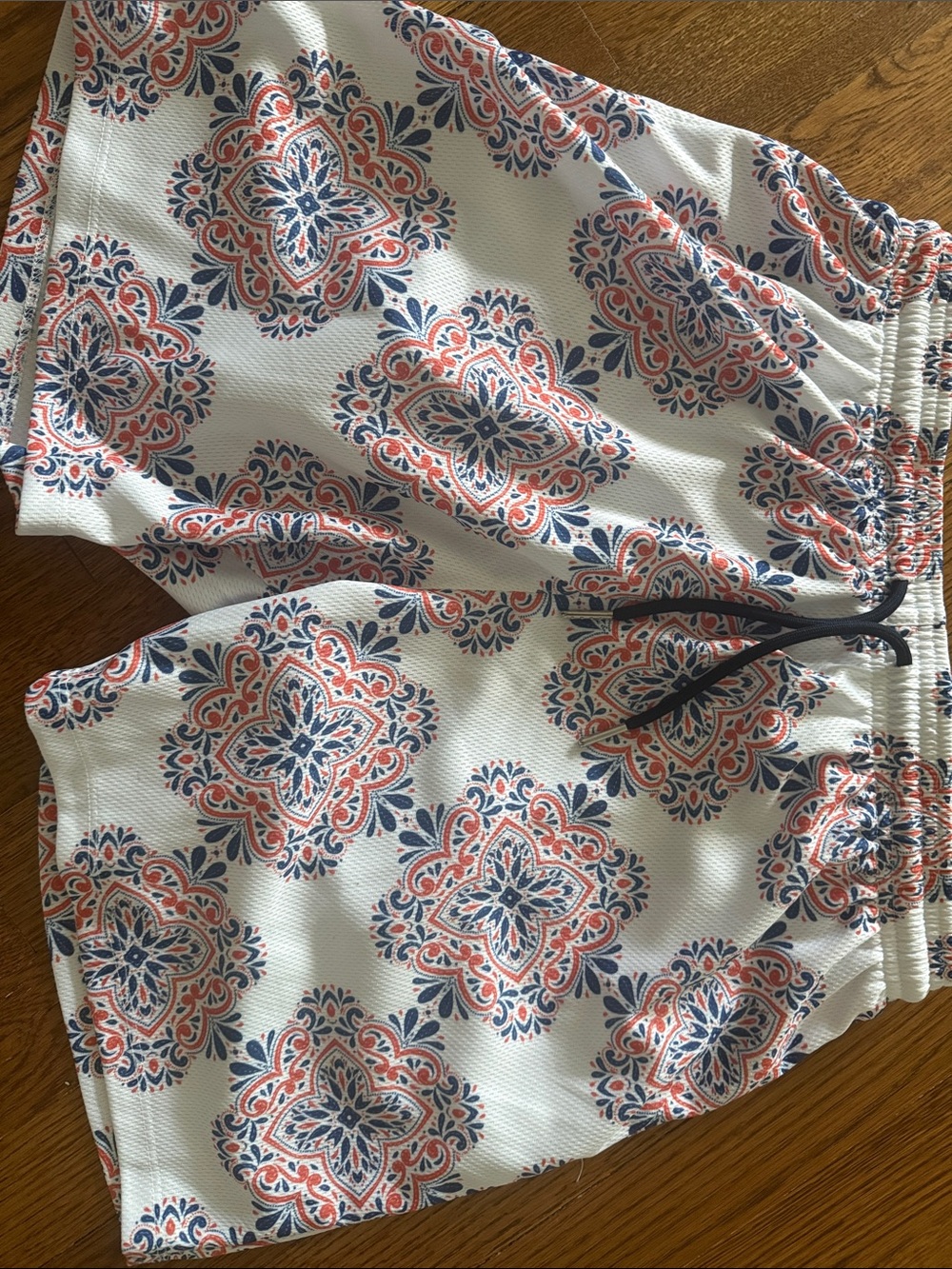 Girls' White Printed Elastic-Waist Shorts with Blue and Coral Medallion Print